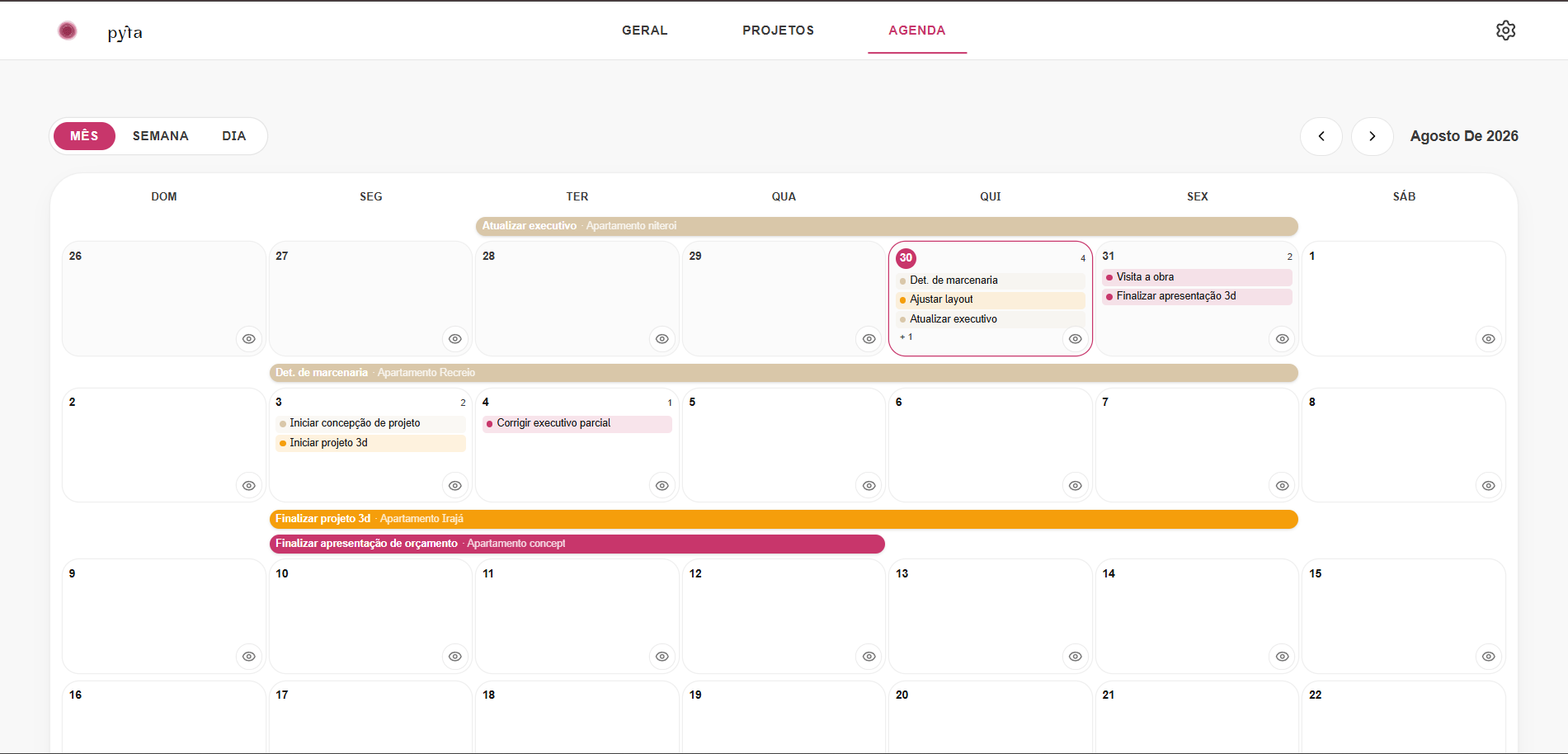 Aba Agenda do pyta com calendário mensal e tarefas em bloco de tempo